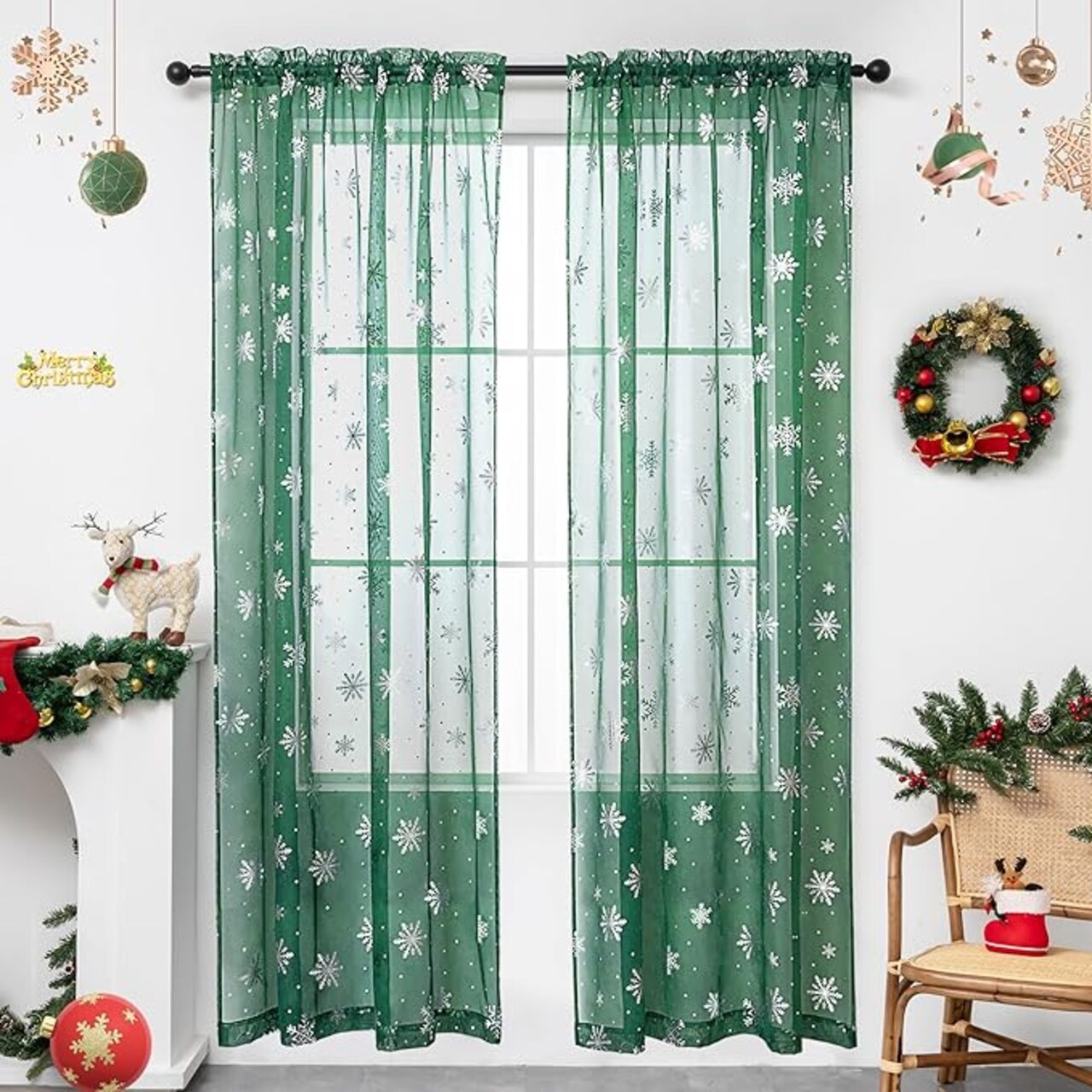 Christmas Sheer Curtains for Living Room, Luxury Snowflake Silver Foil Print Sheer Curtains, Rod Pocket Window Drapes Decorations for Bedroom and Home Decor, 2 Panels Green 52W x 84L
